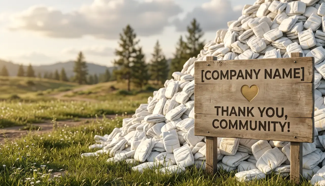 Illustration: a mountain of diapers in a sunlit meadow, beside a wooden sign reading “[Company name] — thank you, community!”